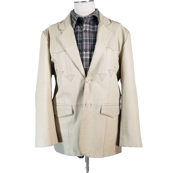 Oscar Piel leather blazer sport coat jacket men's Large Beige 2 tone Western - Picture 1 of 16